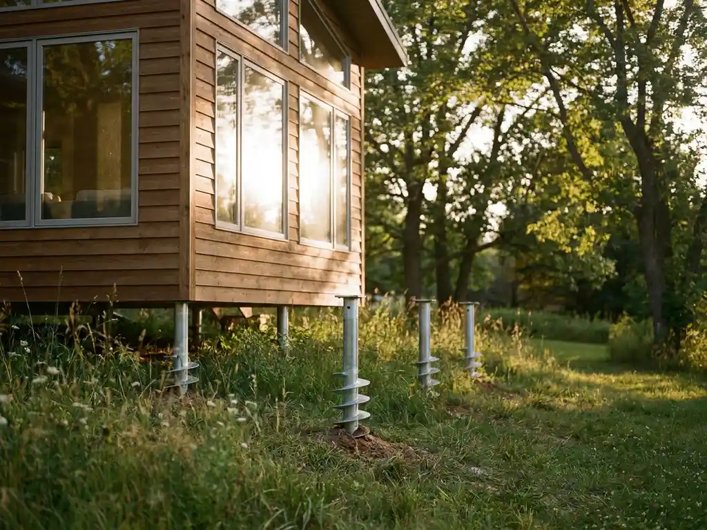 tiny-house-schroefpaalfunderingen-cedar-hout.jpg Tiny house met cederhout gevelbekleding op spiraalvormige schroeffunderingen, omgeven door groen gras en bomen