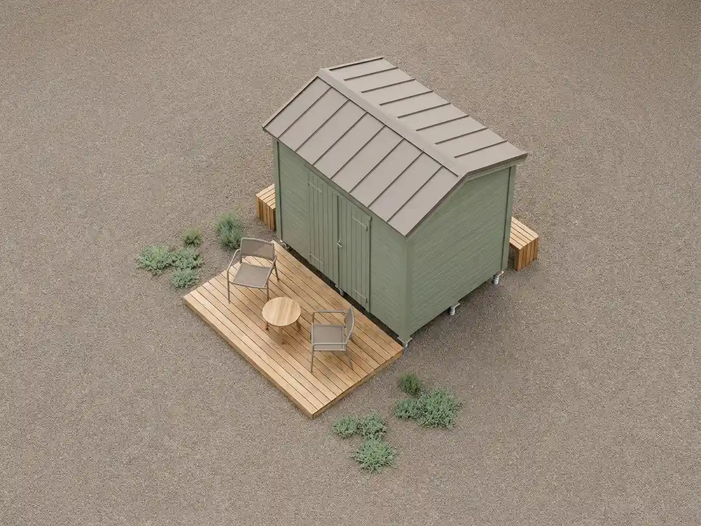 Tuinschuur met geometrische lijnen op stalen schroeffunderingen, omringd door tuinmeubilair en houten terras