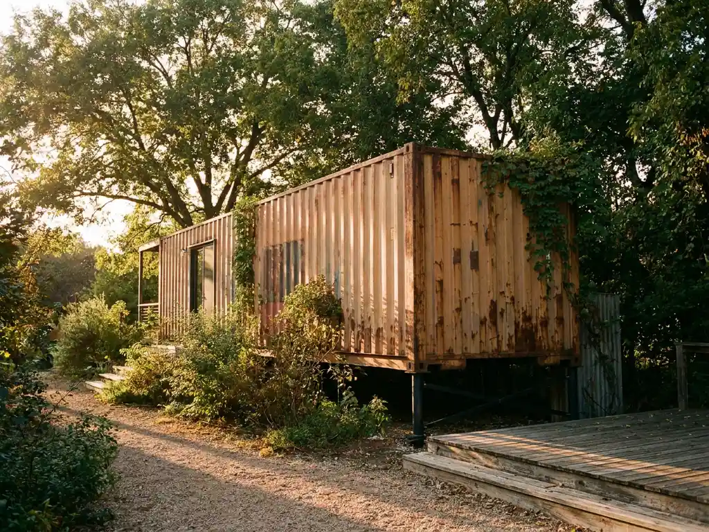 zeecontainer-woning-duurzaam-bouwen-architectuur.jpg Verweerde zeecontainer woning met roestpatina op moderne schroeffunderingspalen, omgeven door volwassen tuinbegroeiing
